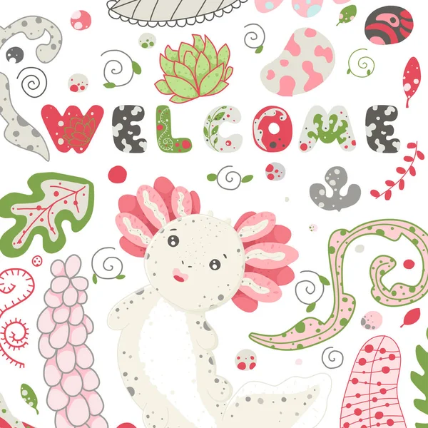 Lindo axolotl Kawaii, dibujo de anfibios bebé. Dibujo animal lindo, ilustración divertida de la historieta. letras bienvenidas. Diseño de estilo plano. Ambystoma mexicanum — Archivo Imágenes Vectoriales