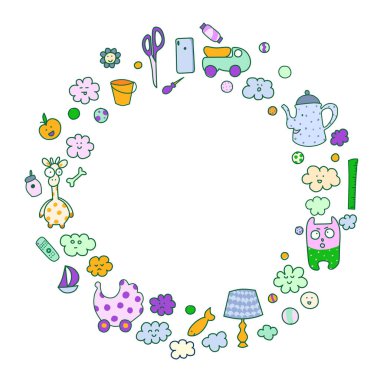 Çocuk çerçeve, sevimli oyuncaklar ve mobilyalar, sevimli yüzler