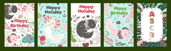 Lindo verano Kawaii axolotl, dibujo de anfibios bebé. Felices tarjetas de felicitación con lagarto. Diseño de estilo plano. Ambystoma mexicanum — Archivo Imágenes Vectoriales