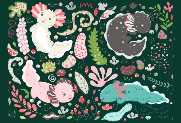 Lindo verano Kawaii axolotl, dibujo de anfibios bebé. Dibujo animal lindo, ilustración divertida de la historieta. Diseño de estilo plano. Ambystoma mexicanum — Vector de stock