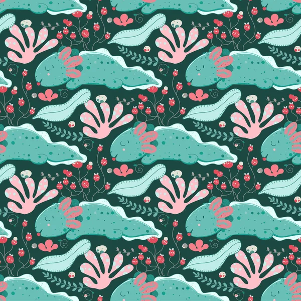 Söt kawaii axolotl, baby amfibiska ritning. Söt djur ritning, rolig tecknad illustration. Blommig sömlös mönster med inslag av flora, löv, kvistar, bär, stenar — Stock vektor