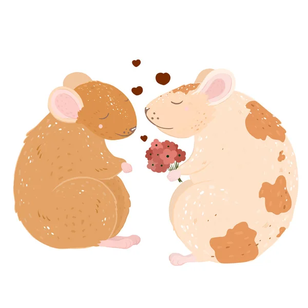 Härliga råttor i kärlek. Datum. blombukett. — Stock vektor
