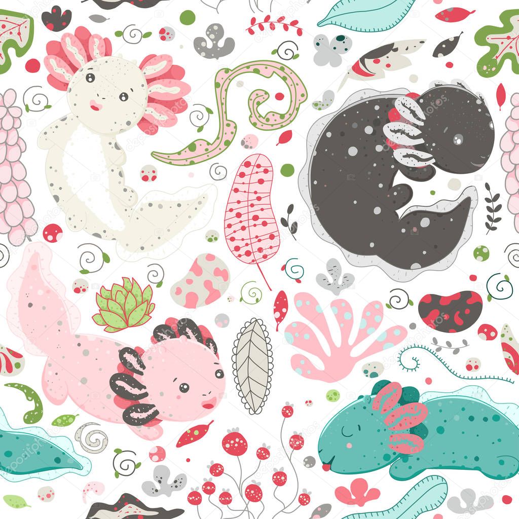 Cute Kawaii Dragon Cute Set Of Plant Elements Stones Berries Flowers Flat Style Design Ambystoma Mexicanum Premium Vector In Adobe Illustrator Ai Ai Format Encapsulated Postscript Eps Eps Format