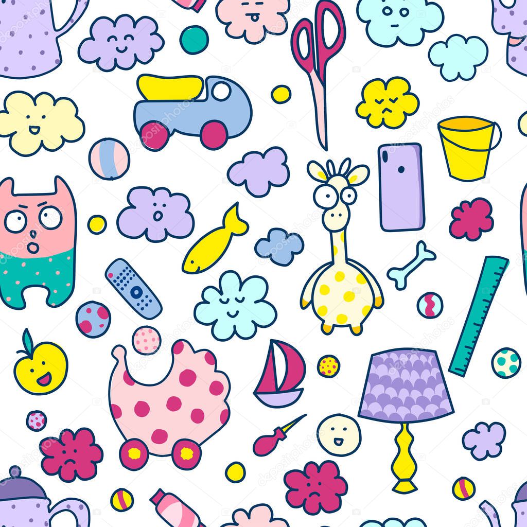 Seamless pattern, household items toys, cactus, dishes. Kavayny faces, emotions, expressions
