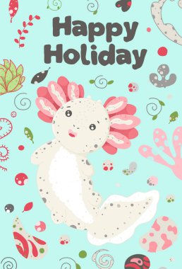 Sevimli yaz Kawaii axolotl, bebek amfibi çizim. Kertenkele ile mutlu yıllar tebrik kartı. Düz stil tasarımı. Ambystoma mexicanum