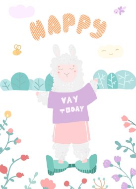 Segway üzerinde sevimli alpaka ile Kart, mutlu harfler