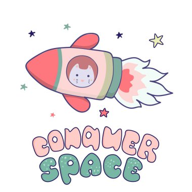 Japon kawaii kedi uzayda seyahat ve yazıt Conquer Space harfleri. komik hayvanlar küçük resim.