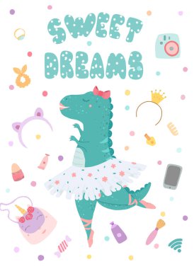 Tebrik kartı, dinozor balerin ve yazı yazıt tatlı rüyalar ile poster. Düz tarzda vektör çizimi.