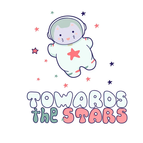 Cute kawaii cat travels in space and the inscription lettering Towards the Stars. funny animals clip art.