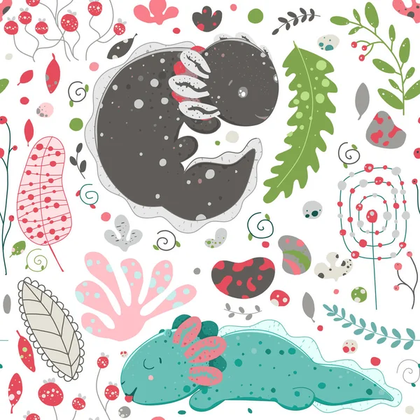 귀여운 가와이 이 악소로틀, 아기 수륙 양용 그림입니다. 귀여운 동물 그림, 재미있는 만화 일러스트 레이션. 식물, 잎, 나뭇 가지, 딸기, 돌의 요소와 꽃 원활한 패턴 — 스톡 벡터