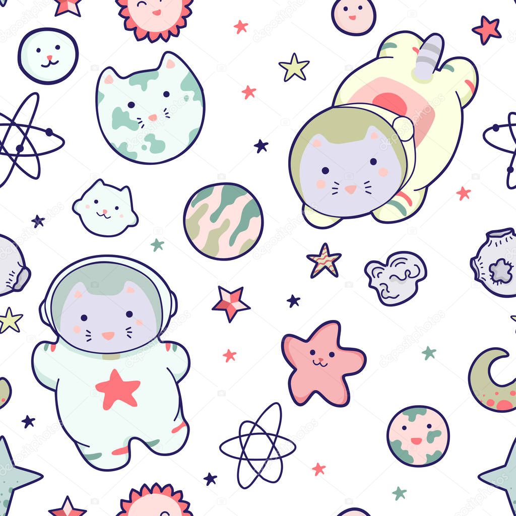 Kawaii cat astronaut in space seamless pattern. cartoon charters. Editable illustration.
