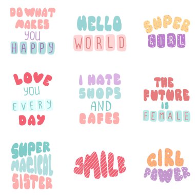 Yazı tipografi kız bindirme seti. Motivasyonel alıntı. Sevimli ilham tipografisi. Kaligrafi kartpostal poster fotoğraf grafik tasarım elemanı. El yazısı işareti.