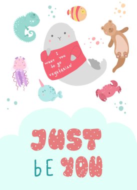 Dünya Okyanus Günü. Hayvan koruma. Kawaii deniz hayvanları. Düz tarzda çizim.