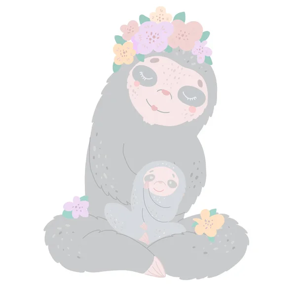 Schöne Familie von Faultieren. Mutter und Baby lächeln, zeichnen in etwa flachen Stil. — Stockvektor
