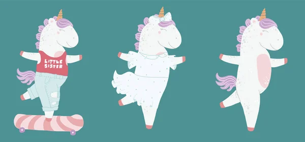 Cute cartoon unicorn. Vector illustration. Funny unicorn on skateboard — Stock Vector