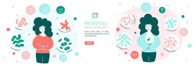 Probiyotiğin sağlık için faydaları hakkındaki ilanı kabul et. Probiyotik kapsüller reklam ediliyor. vektör düz illüstrasyon.