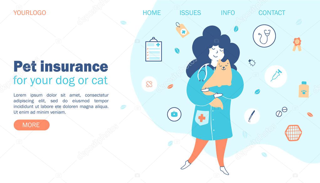 Pet insurance. Concept vets with pets, protection and care for pets. Website template