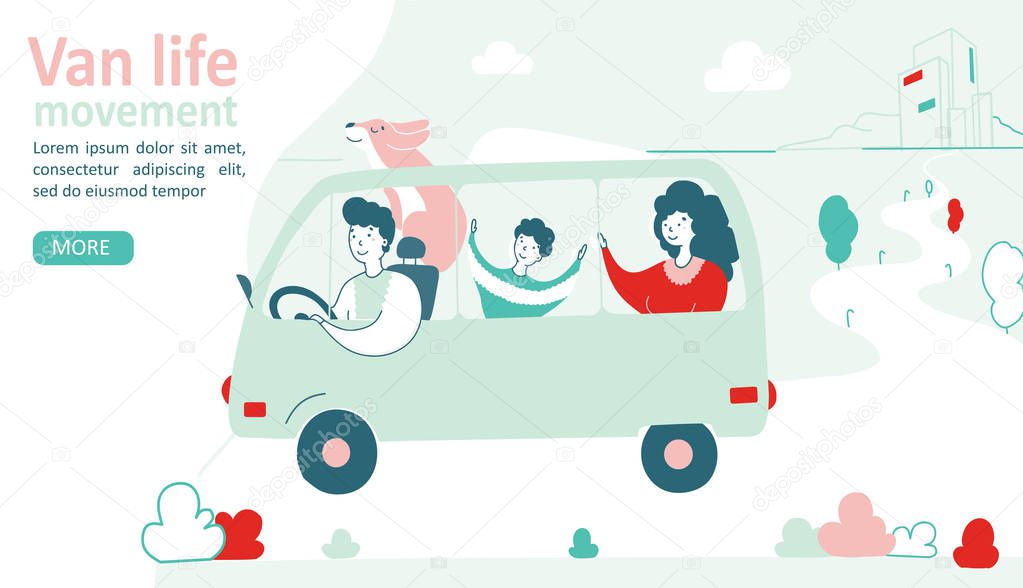 Van life movement. Lifestyle concept family in a dog traveling in a van. Vector illustration in flat style. Comfortable transport. Camping concept, road trip, van life movement. Travel