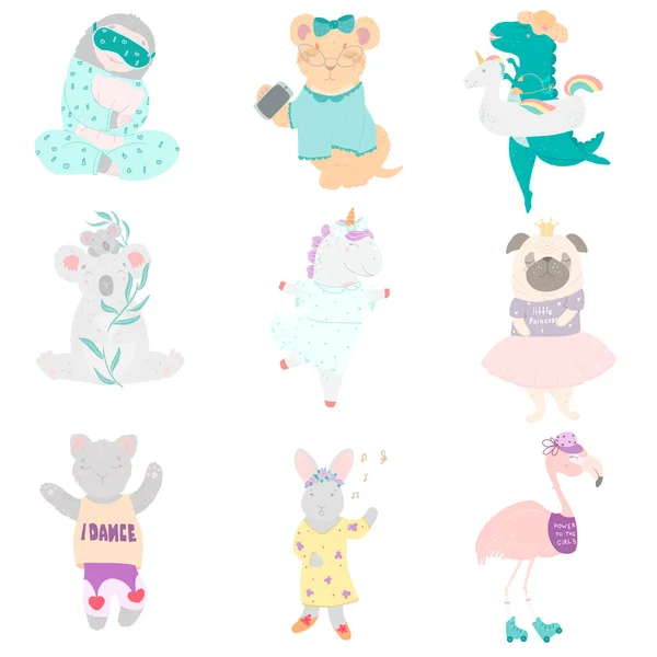 Conjunto de personagens de desenhos animados de animais, ilustração vetorial, design plano. — Vetor de Stock