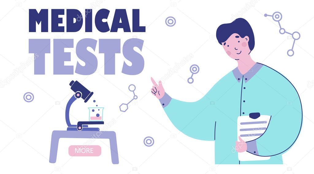 Medical tests laboratory, vector illustration flat design. Scientific research, cartoon web banner, webpage.