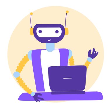 Sohbet robotu, Çizgi film düz vektör çizimi. Müşteri desteği Teknoloji İletişim konsepti.
