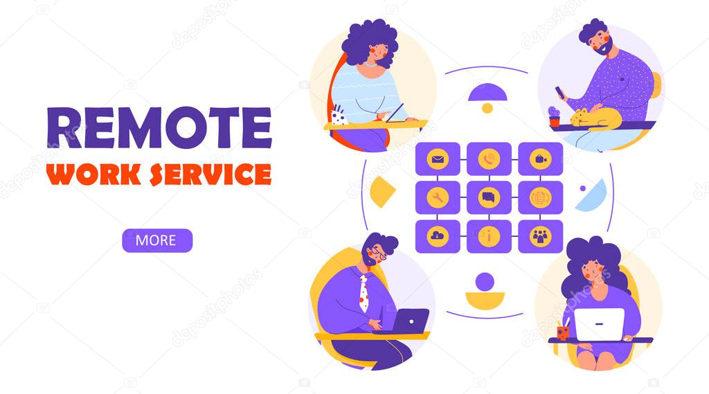 Remote work service, flat vector illustration. Teamwork concept.