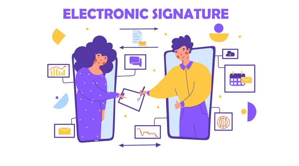 Firma electrónica Conferencia de negocios ilustración vectorial plana. Concepto de oficina . — Archivo Imágenes Vectoriales