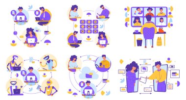 Uzak ofis elektronik belge düz vektör illüstrasyon seti.