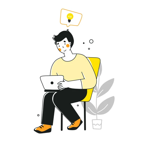 Homme derrière ordinateur portable, concept d'idée d'entreprise. Illustration vectorielle de personnages de bande dessinée. — Image vectorielle