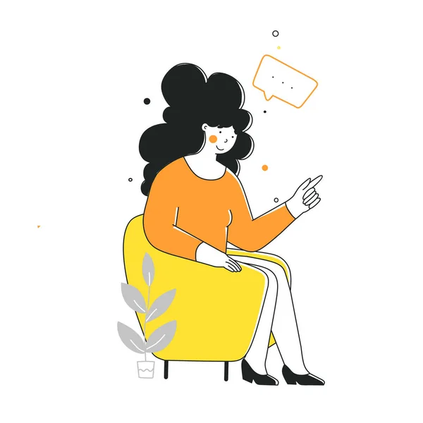 漫画の女性の椅子に。女の子のキャラクターデザイン。フラットベクトル漫画イラスト — ストックベクタ
