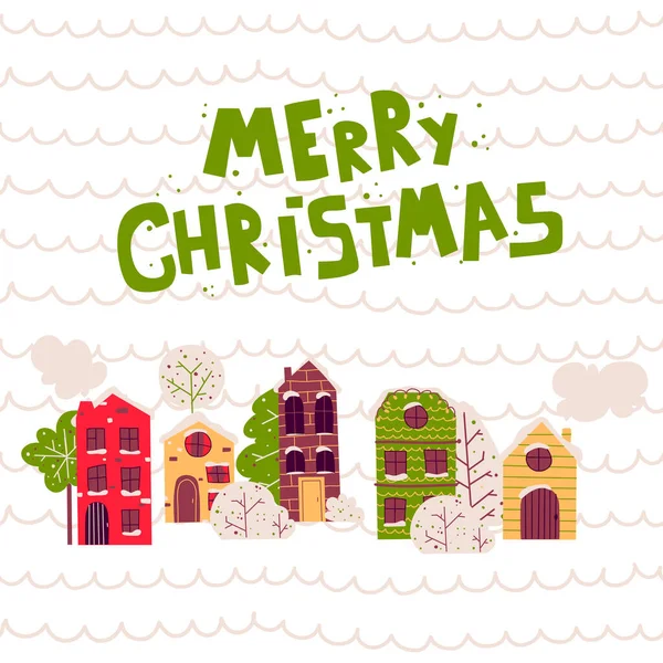Χριστουγεννιάτικα σπίτια επίπεδη σε ρετρό στυλ, επίπεδη Vector εικονογράφηση τέχνης. — Διανυσματικό Αρχείο