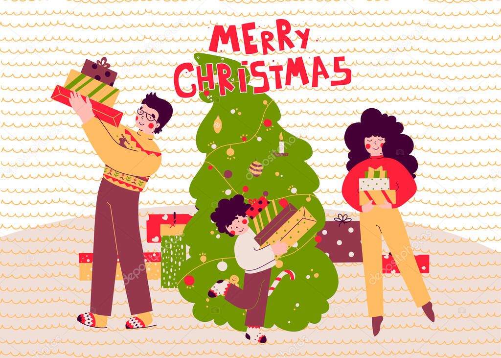 Christmas gifts, family holiday, flat cartoon vector illustration.