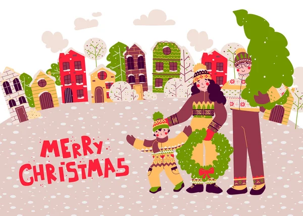 Kreslené Vánoce Šťastná rodina, ploché lidi vektorové ilustrační přání. Obrázek města. — Stockový vektor