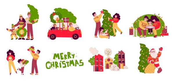 Boldog karácsonyt családi vektor illusztráció készlet. Vektoros ünnepi illusztráció. — Stock Vector
