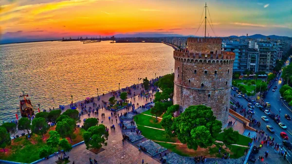 Flygfoto Över Berömda Vita Tornet Thessaloniki Vid Solnedgången Grekland Bild — Stockfoto