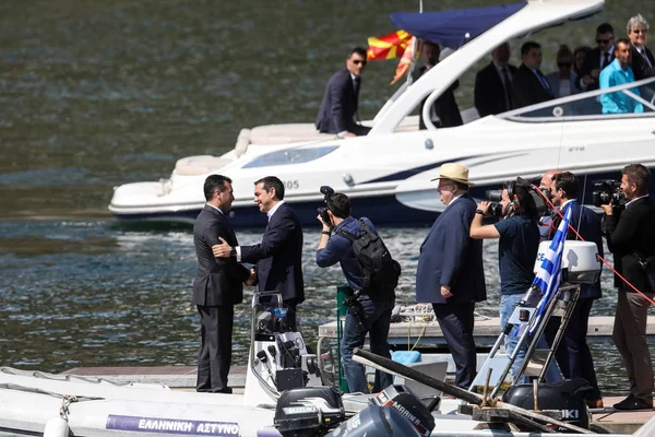 Prespes Greece June 2018 Greek Prime Minister Tsipras Welcomes His — Stock Photo, Image