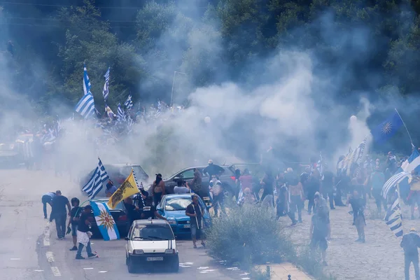 Pisoderi Greece July 2018 Protestors Holding Greek Flags Clash Riot — Stock Photo, Image