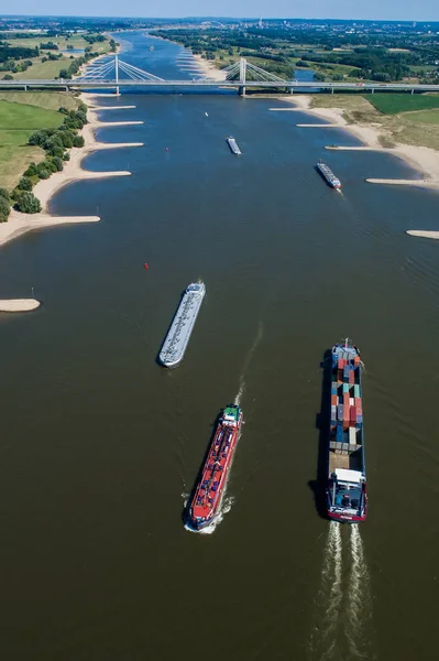 Rin Países Bajos Julio 2018 Barcos Comerciales Vista Aérea Cruzando —  Fotos de Stock