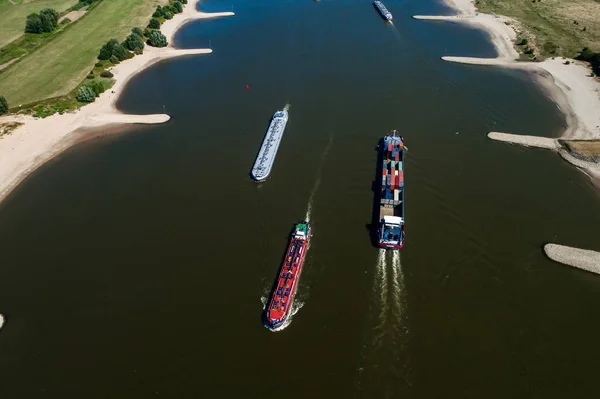 Rhine Netherlands July 2018 Aerial View Commercial Ships Crossing River — Stock Photo, Image