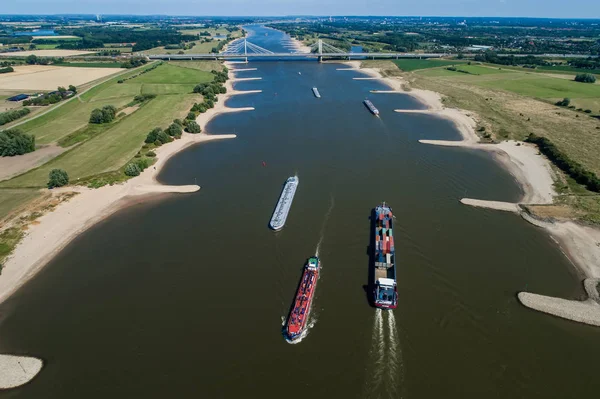 Rin Países Bajos Julio 2018 Barcos Comerciales Vista Aérea Cruzando —  Fotos de Stock