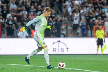 Thessaloniki, Yunanistan - 24 Temmuz 2018: Oyuncu, Basel Jonas Omlin (Gk) eylem Uefa Şampiyonlar Ligi ikinci ön eleme turu sırasında 1 Paok rakip Basel maçı Toumba Stadı'nda oynanan