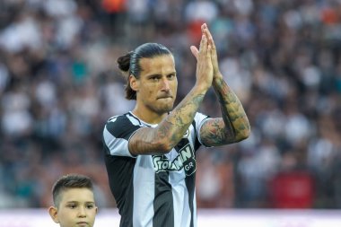 Thessaloniki, Yunanistan - 24 Temmuz 2018: Oyuncu, Paok Aleksandar Prijovic eylem Uefa Şampiyonlar Ligi ikinci ön eleme turu sırasında 1 Paok rakip Basel maçı Toumba Stadı'nda oynanan