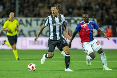 Thessaloniki, Yunanistan - 24 Temmuz 2018: Oyuncu, Paok Aleksandar Prijovic eylem Uefa Şampiyonlar Ligi ikinci ön eleme turu sırasında 1 Paok rakip Basel maçı Toumba Stadı'nda oynanan