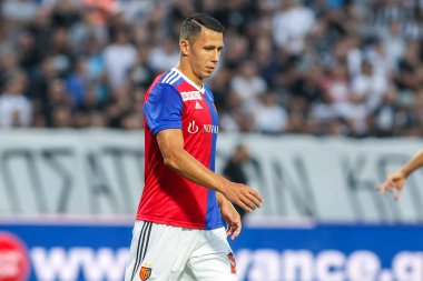 Thessaloniki, Yunanistan - 24 Temmuz 2018: Oyuncu, Basel Marek Suchy eylem Uefa Şampiyonlar Ligi ikinci ön eleme turu sırasında 1 Paok rakip Basel maçı Toumba Stadı'nda oynanan