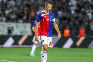 Thessaloniki, Yunanistan - 24 Temmuz 2018: Oyuncu, Basel Marek Suchy eylem Uefa Şampiyonlar Ligi ikinci ön eleme turu sırasında 1 Paok rakip Basel maçı Toumba Stadı'nda oynanan