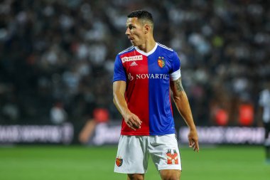 Thessaloniki, Yunanistan - 24 Temmuz 2018: Oyuncu, Basel Marek Suchy eylem Uefa Şampiyonlar Ligi ikinci ön eleme turu sırasında 1 Paok rakip Basel maçı Toumba Stadı'nda oynanan