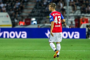 Thessaloniki, Yunanistan - 24 Temmuz 2018: Oyuncu, Basel Yves Kaiser eylem Uefa Şampiyonlar Ligi ikinci ön eleme turu sırasında 1 Paok rakip Basel maçı Toumba Stadı'nda oynanan