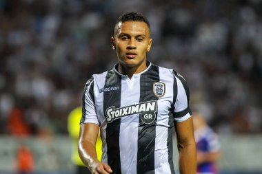 Thessaloniki, Yunanistan - 24 Temmuz 2018: Oyuncu, Paok Leo Jaba eylem Uefa Şampiyonlar Ligi ikinci ön eleme turu sırasında 1 Paok rakip Basel maçı Toumba Stadı'nda oynanan