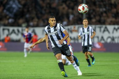 Thessaloniki, Yunanistan - 24 Temmuz 2018: Oyuncu, Paok Leo Jaba eylem Uefa Şampiyonlar Ligi ikinci ön eleme turu sırasında 1 Paok rakip Basel maçı Toumba Stadı'nda oynanan