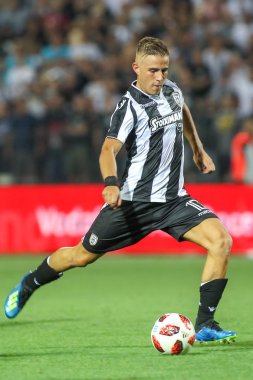 Thessaloniki, Yunanistan - 24 Temmuz 2018: Oyuncu, Paok Dimitris Pelkas eylem Uefa Şampiyonlar Ligi ikinci ön eleme turu sırasında 1 Paok rakip Basel maçı Toumba Stadı'nda oynanan